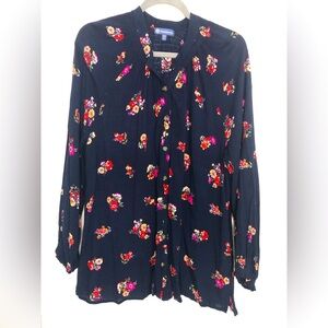 Democracy Rayon flowy floral button down long sleeve blouse shirt size‎ XL navy